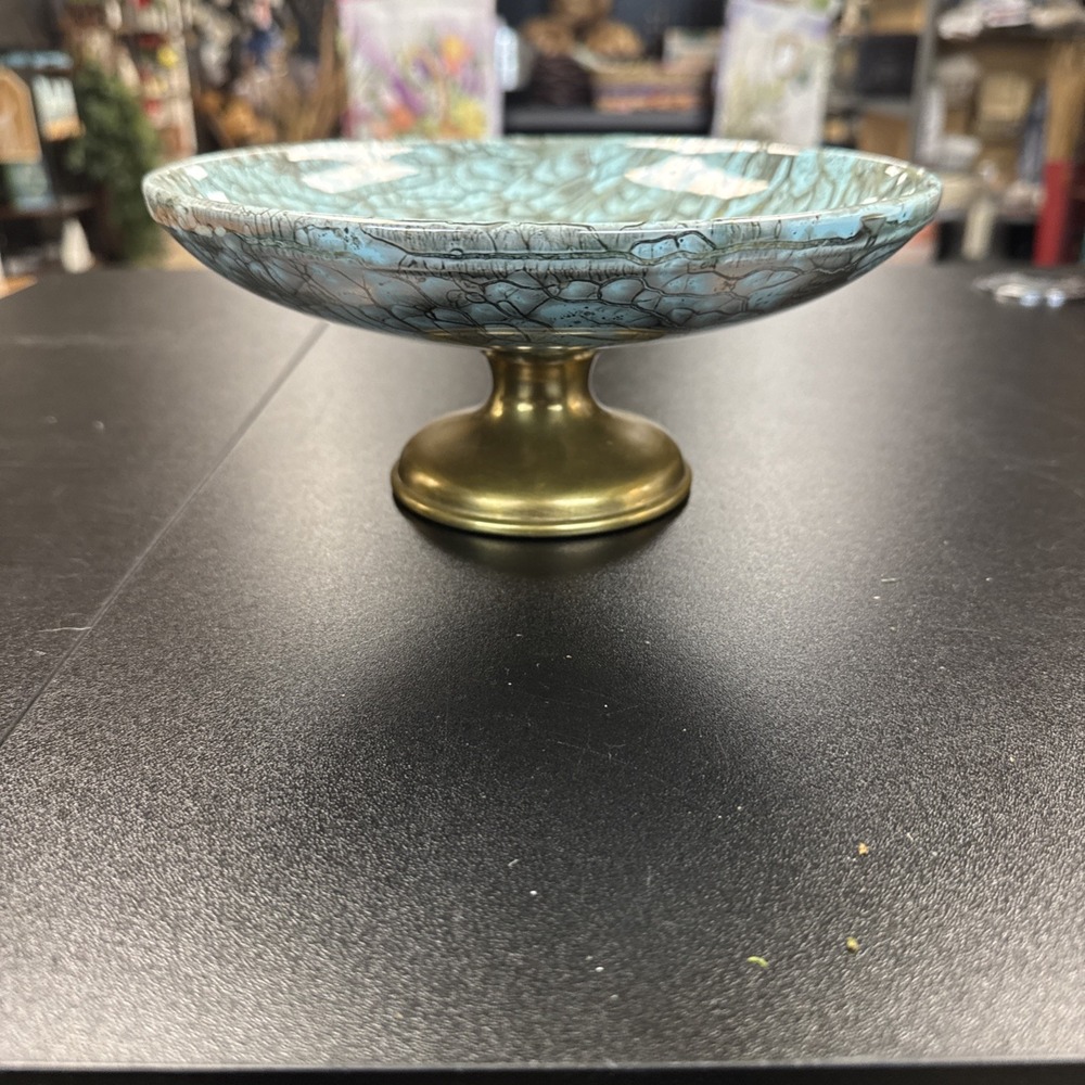 Delft Holland Gold Aqua Marbled Pedestal Dish Bowl